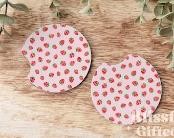 Set of 2 Strawberry Car Coasters, Handmade Car Accessories, Cute Car Decor, Stocking Stuffer Gift for Her, Neoprene Cup Holder Coaster