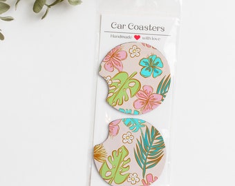Car Coasters, Set of Two Tropical Car Cup Holder Coasters Cute Car Accessories New Car Gift for Her Stocking Stuffers Car Decor