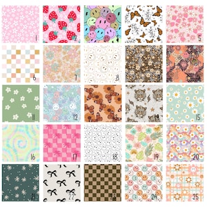 May include: A collection of 25 different patterns, including floral, geometric, and smiley face designs. The patterns are arranged in a grid with numbers 1 through 25.