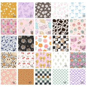 May include: A grid of 50 different patterns, each with a unique design. The patterns include flowers, butterflies, smiley faces, chequered patterns, and more. The patterns are numbered from 26 to 50.