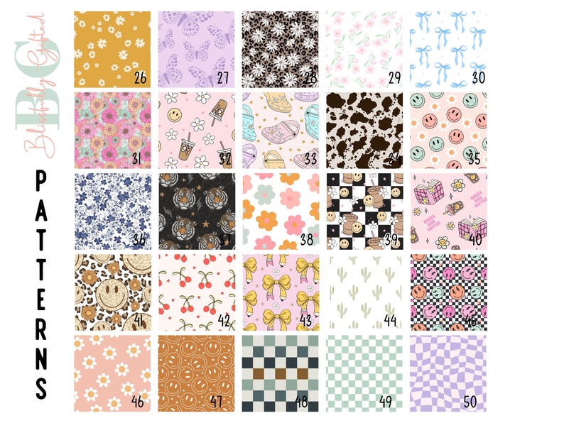 May include: A grid of 50 different patterns, each with a unique design. The patterns include flowers, butterflies, smiley faces, chequered patterns, and more. The patterns are numbered from 26 to 50.