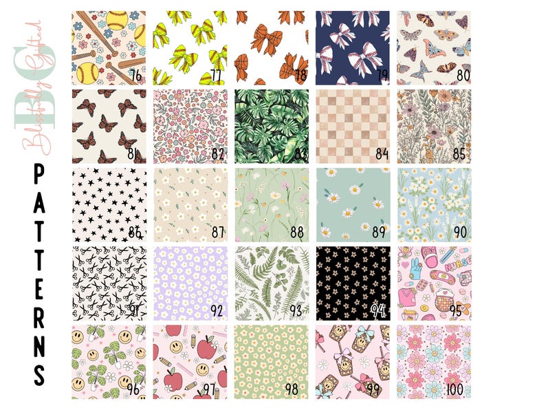 May include: A digital sheet of 100 different patterns, including floral, geometric, and abstract designs. The patterns are arranged in a grid format and are numbered from 76 to 100.