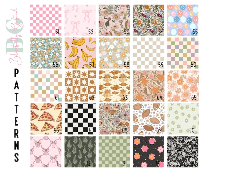 May include: A digital sheet of 75 different patterns, including checkered, floral, and geometric designs. The patterns are numbered 51 through 75.