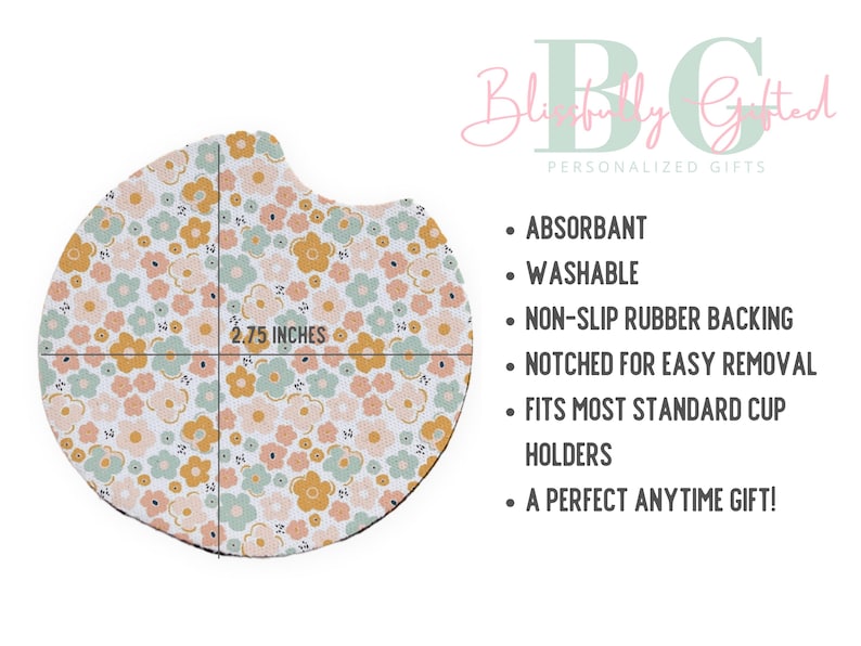 May include: A round coaster with a floral pattern in shades of pink, yellow, and green. The coaster is 2.75 inches in diameter and has a non-slip rubber backing. It is absorbent and washable.