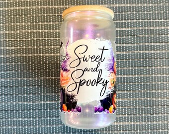 16oz Halloween Sweet and Spooky  Glass Can Tumbler with Bamboo Lid and Straw