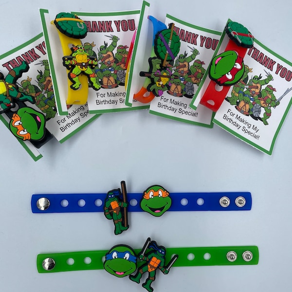 Ninja Turtle Party Favors, TMNT Charms and Bracelet for Gift /goodie bags, 7'' bracelet with 2 charms each (Set of 6, 12, 18 or 24)