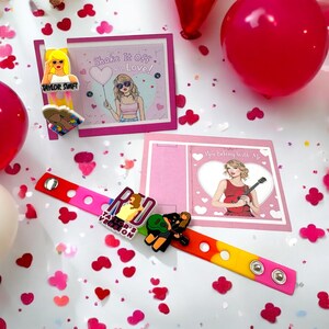 Valentine Era, VDay Class Party Favors, Swiftie Charms & Bracelet Gift /Valentine Cards With 7'' bracelet and 2 charms ea. (6 12, 18 or 24)
