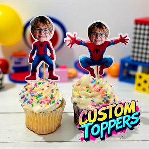 Aangepaste cupcake toppers met Spidey-thema, set van 12 aangepaste Spiderman-cupcaketoppers, aangepast gezicht, verjaardag cupcake topper, cupcake toppers