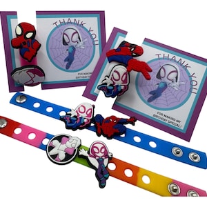 Girl Spiderman Party Favors, Spidey Gwen Charms and Bracelet Gift /goodie bags, 7&#39;&#39; bracelet with 2 charms each (Set of 6, 12, 18 or 24)