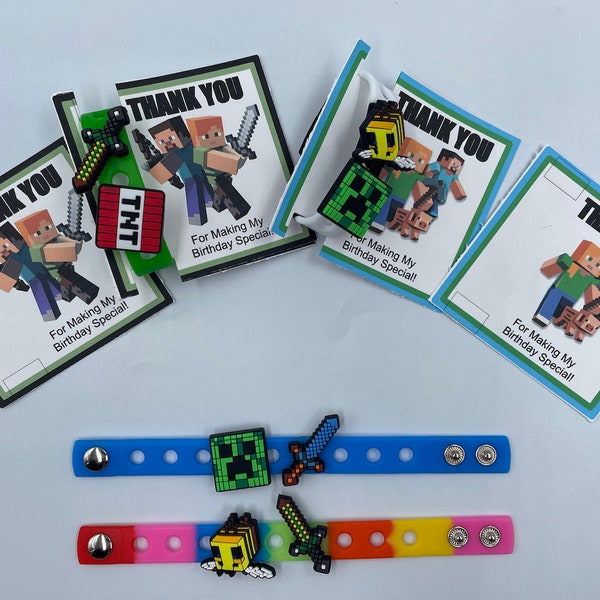 Mine Craft Party Favors, Gamer Charms and Bracelet for Gift /goodie bags, 7'' bracelet with 2 charms each (Set of 6, 12, 18 or 24)