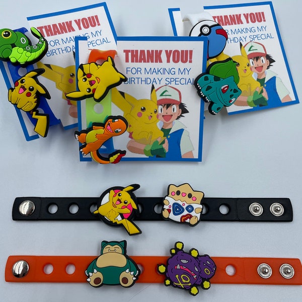 Pokemon Party Favors, Pokemon Charms and Bracelet for Gift /goodie bags, 7''  bracelet with 2 charms each (Set of 6, 12, 18 or 24)