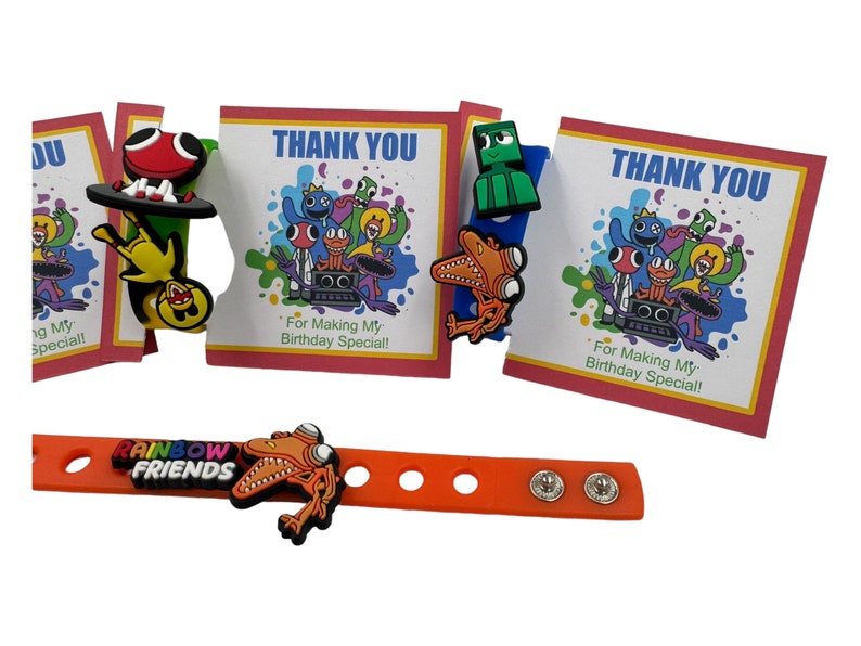 May include: Rainbow Friends themed party favors with a thank you card that says "For Making My Birthday Special!" and a bracelet with a rainbow friends charm.