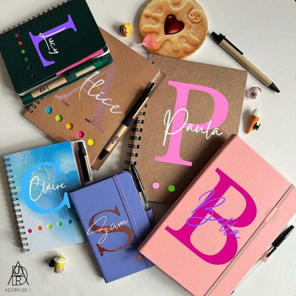 Personalised Name Initial Spiral Stationary Notebook/Notepad/Journal with Sticky Notes - Divider - Adorn By J - Gift - Birthday - Office