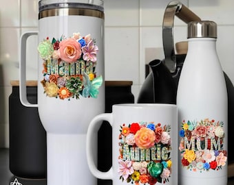 Personalised Floral Mug, mum mug, nan mug, auntie mug, sister mug, mum gift, auntie gift, grandma gift, Floral Water Bottle, Tea Set