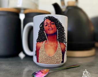 Aaliyah Mug 15oz, Rhinestone 90s R&B Coffee Cup, Personalised Music Lover Gift, Nostalgia Mug, Coaster Spoon Set