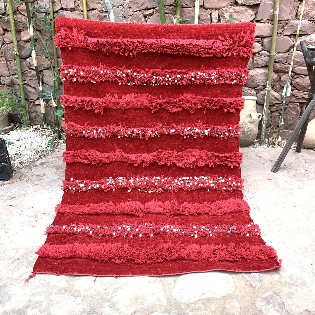 Woven Vintage Blanket, Moroccan Wedding Blanket Handira Red With Metal