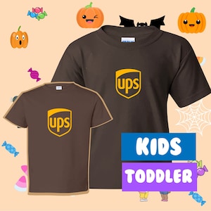 May include: Two brown t-shirts with the UPS logo in yellow. The larger shirt says "KIDS" and "TODDLER" in blue and purple. The shirts are on a background with cartoon pumpkins and candy.