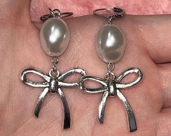 Silver bow and pearl hoop earrings coquette charm
