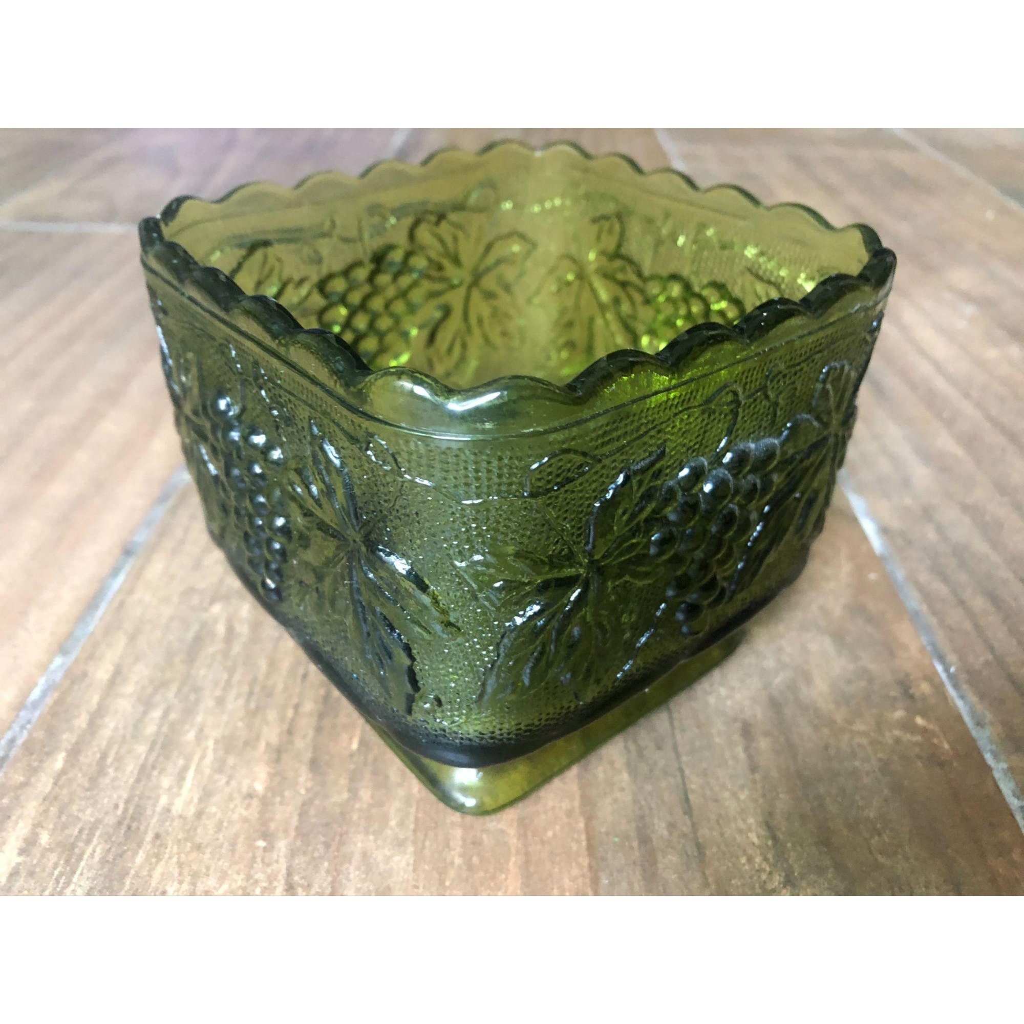Olive Green Glass Candy Bowl Grape Pattern Scalloped Top Etsy
