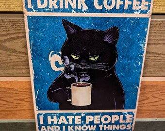 Black cat coffee funny A4 metal sign 30x20cm plaque home BAR kitchen gift