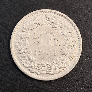 Authentic Switzerland 1/2 Franc, 1974 Switzerland 1/2 Franc, Switzerland Coin, Half Franc, 1974,  Helvetia standing.