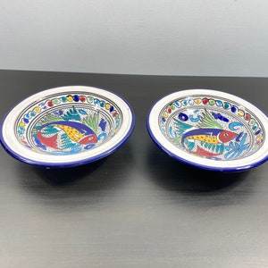 Vintage Handmade Bowl, Handpainted Multicolor with Fish, Pottery Decorative Plate, Fruit Soup, Rice, Pasta Serving Dish, Set of Two, D:8.75"