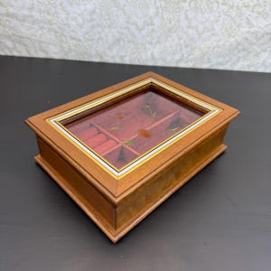 Può includere: Un portagioie rettangolare in legno con coperchio in vetro decorato da un motivo floreale. L'interno è foderato in velluto rosso e include una sezione per anelli e scomparti aperti. Il coperchio è rifinito con un sottile bordo dorato e bianco.