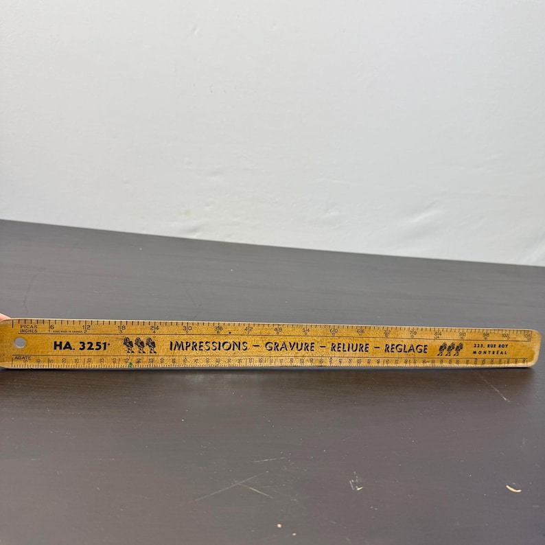 Vintage Wooden Ruler, Impressions Gravure Reliure Reglage, Montreal ...