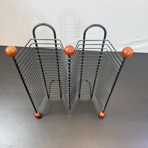 Vintage Early 2000s Wood & Gunmetal Black Wire Compact 40 Disc CD Jewel Case Storage Rack