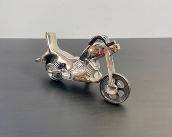 Vintage Aluminum Motorcycle Figurine, Silver Finish, Handmade Cowboy Bike, 10 inch