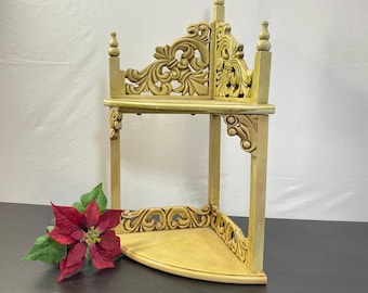 Vintage Corner Shelf, Carved Wood Display Shelf, Small Space Decor