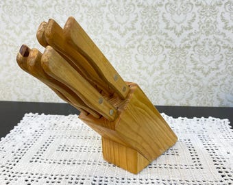 Vintage Solid Wood Knife Block with Stainless Knives
