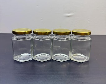 Hexagon Glass Jars with Gold Lids, Spice Storage, 8 cm, Set of 4