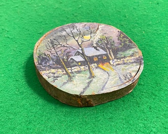 Original Acrylic Landscape Painting on Wood, Vintage, Hang Home, Office Decor, Hand-Carved Wall Hanging, Wall Art, Antique Shape, Retro Item