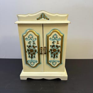 Mid Century Musical Wooden Jewelry Armoire 4 Drawers Blue Velvet Lining, Two Doors, Hand Painted Jewellery Organizer, Treasure Cabinet