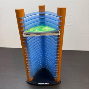 Vintage Early 90s 20 ATLANTIC CD tower stand, blue and imitation wood.