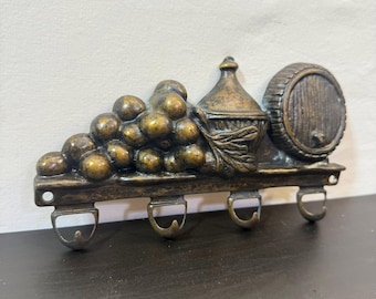 Vintage Hook Hanger Brass Key Holder, Wall Hanging Hook Wine Harvest Vineyard Grapes, Barrel Key Rack, Wall Mount Kitchen Hooks, Clothes.