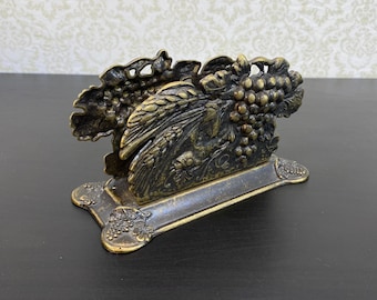 Vintage Brass Napkin Holder, Mid Century Italian Brass Grapes & Wheat Ears Display, Retro Metal Letter Rack, Gold Kitchen Decor