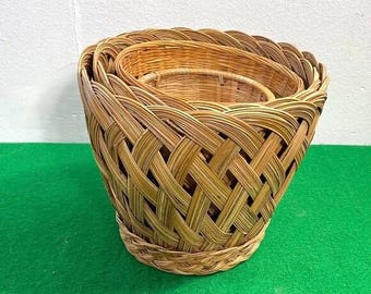 Vintage Handwoven Bamboo Basket Set – Rustic Farmhouse Planters