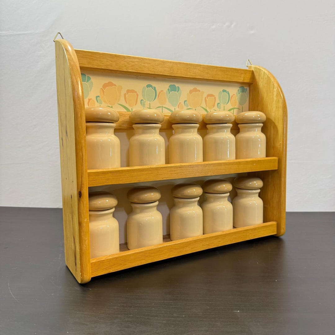 Vintage Wooden Spice Rack With 10 Ceramic Jars - Etsy