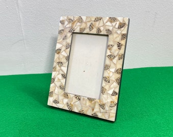 Vintage Inlaid Shell, Photo Frame, Wooden Easel Back Frame Beach Nature Shabby Chic Cottage Vertical or Horizontal Boho White Wedding