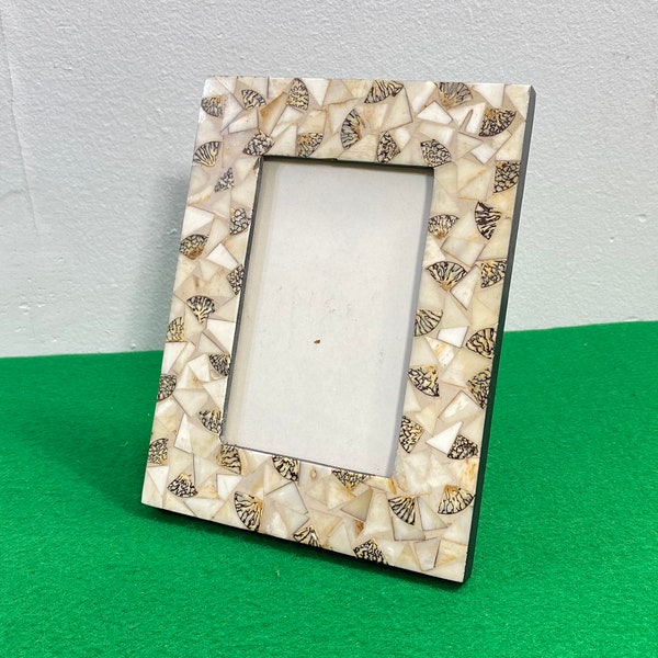 Vintage Inlaid Shell, Photo Frame, Wooden Easel Back Frame Beach Nature Shabby Chic Cottage Vertical or Horizontal Boho White Wedding