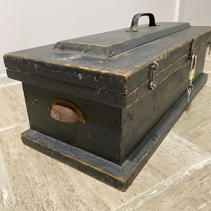 Big wooden toolbox with metal handle, lock with two keys, carpenters aid, farmhouse chest, brown handmade sewing box, jewelry organizer.