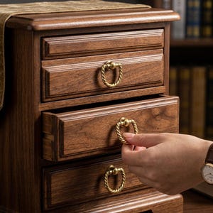May include: A small wooden chest of drawers with a dark brown finish and visible wood grain. The unit features three horizontal drawers, each equipped with a circular, twisted brass-coloured metal pull handle. One drawer is partially open.