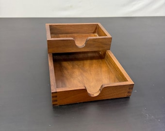 Two Sections Old Wooden Desk Tray, In and Out Paper Tray, Legal & Letter Size Vintage Desk Organizer, 2 Tier File Tray.