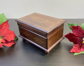 Vintage Wooden Music Jewelry Box, Velvet Lined, Brown Keepsake Chest