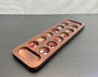 Vintage Wooden Mancala with Pebbles, Hand Carved Hardwood Strategy Game, Traditional Sungka, Board Game, Adults and Kids Table Game Gift.