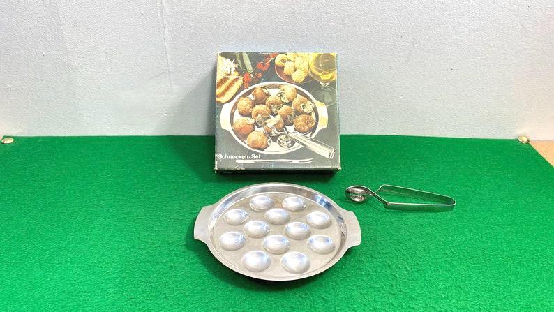 WMF Escargot Pan With 1 Tong, 12 holes – 18/10 quality, Germany Classic Stainless Steel Snail Dishes, Inox Tong, Vintage Trays with Handles.