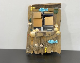 Handmade Driftwood Mirror with Shells - Coastal Wall Decor, Nautical Beach Theme Mirror for Bathroom or Entryway