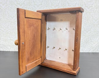 Vintage Hand Made Wooden Key Cupboard, 10 Key Hooks, Wooden Wall Hanging Key Cabinet, Door with Knob, Key Organizer, Art Deco Boho.